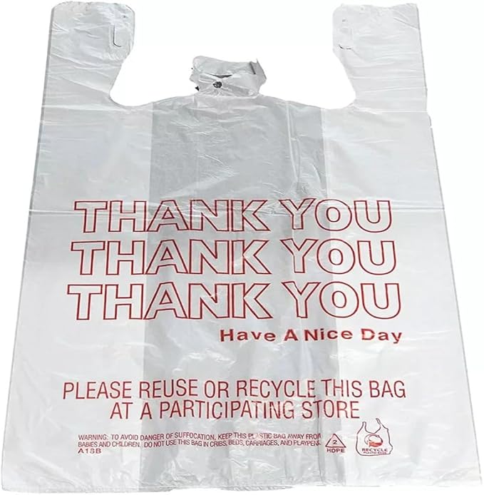 Plastic Grocery Shopping Bags, 1/6 Large, 21 x 6.5 x 11.5 inches, "Thank You" Printed, Set of Bags