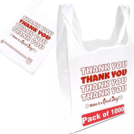 Thank You T-Shirt Bags, 11.5" x 6.5" x 21", White Polyethylene Plastic Shopping Bags