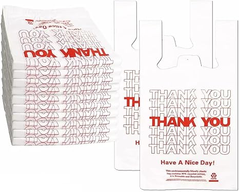 Large Plastic Thank You Bags with Handles, Reusable, White, Recycled Content