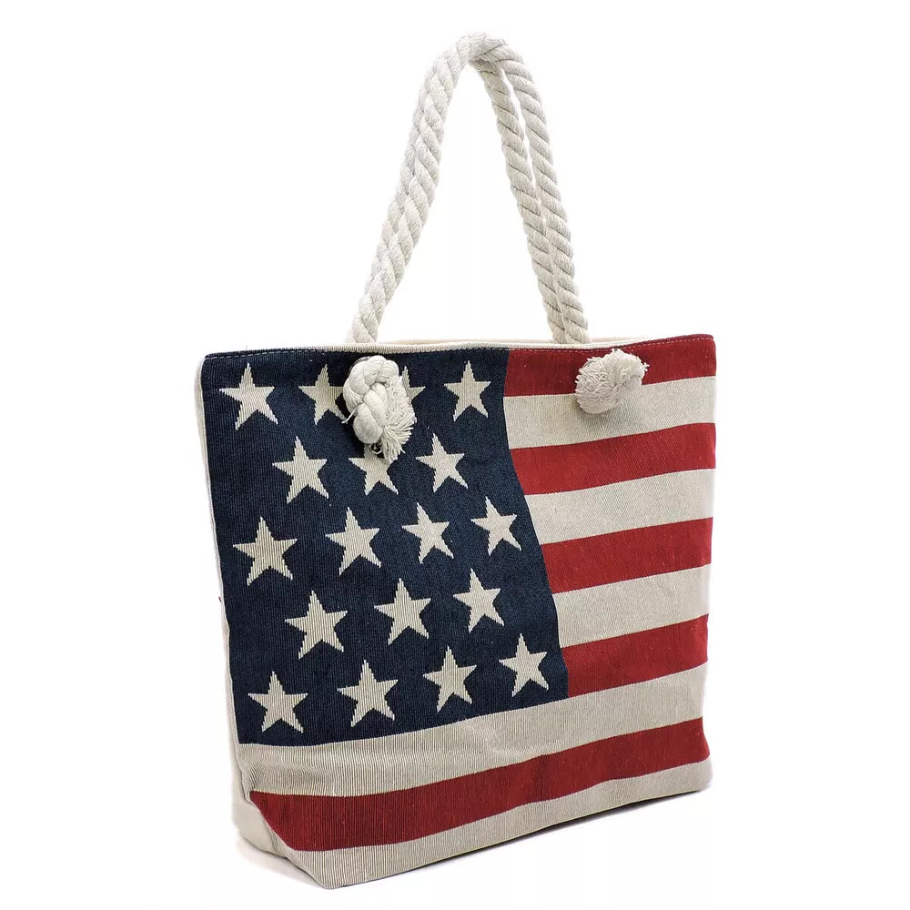 American Flag Tote Stars and Stripes Women Beach Bag Rope Handles Red White Blue