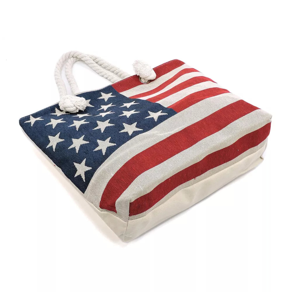 American Flag Tote Stars and Stripes Women Beach Bag Rope Handles Red White Blue