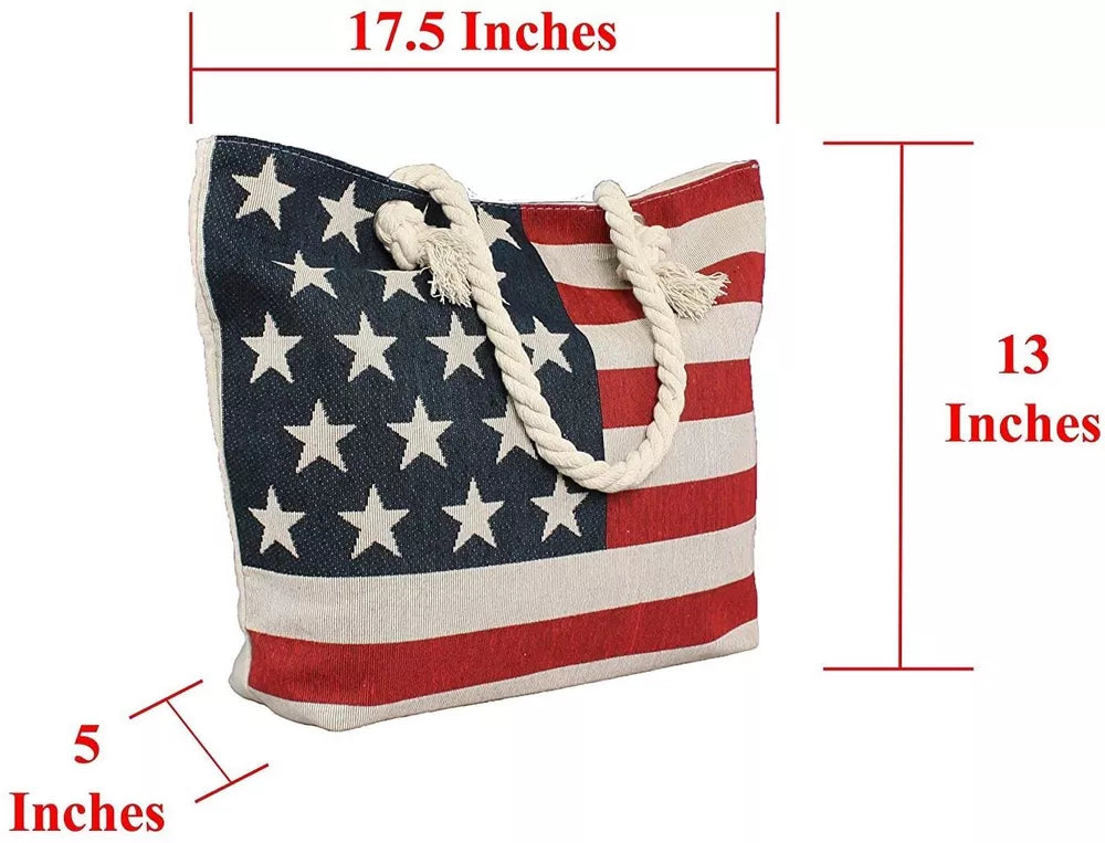 American Flag Tote Stars and Stripes Women Beach Bag Rope Handles Red White Blue