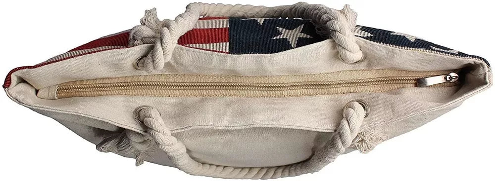 American Flag Tote Stars and Stripes Women Beach Bag Rope Handles Red White Blue