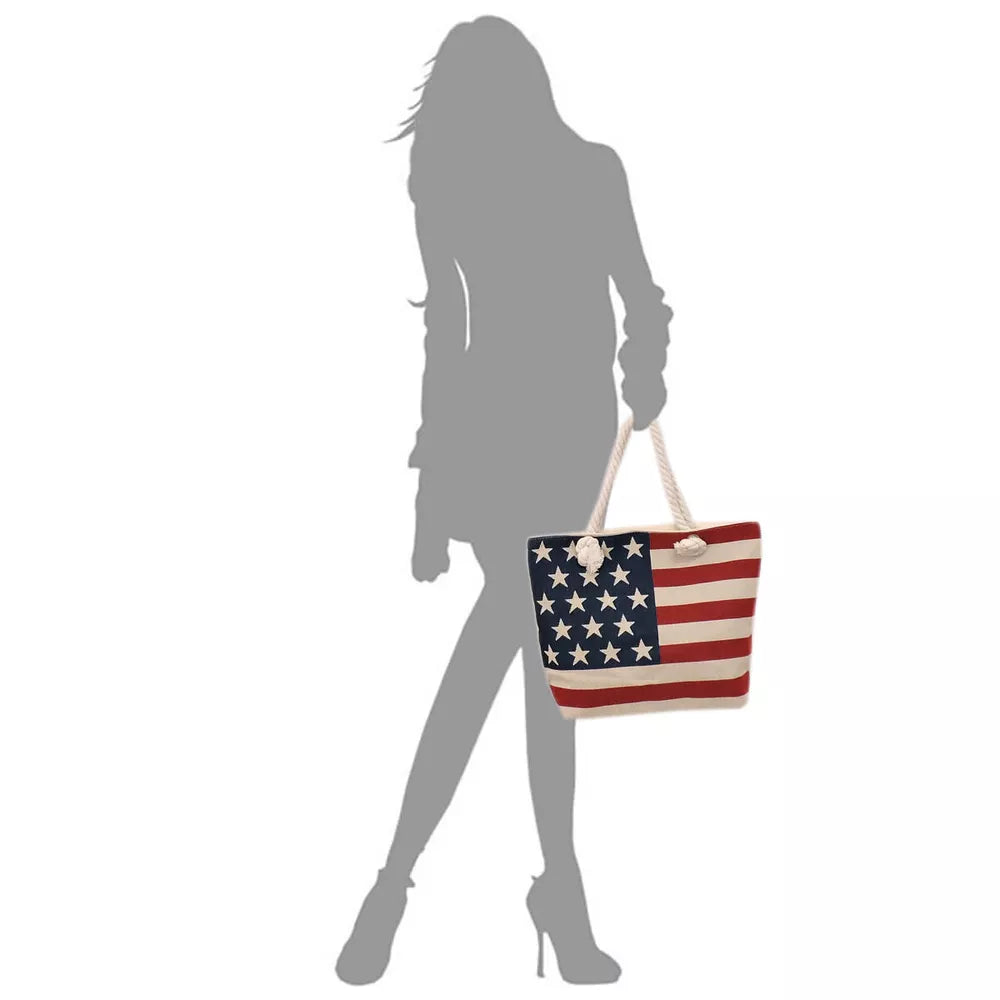 American Flag Tote Stars and Stripes Women Beach Bag Rope Handles Red White Blue