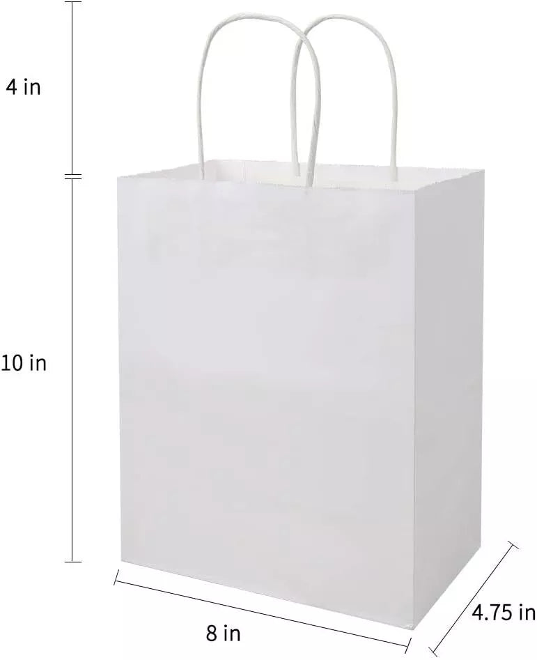 Paper Shopping Bags 250 White Kraft 8"x4.75x10.5" Retail Merchandise Handles