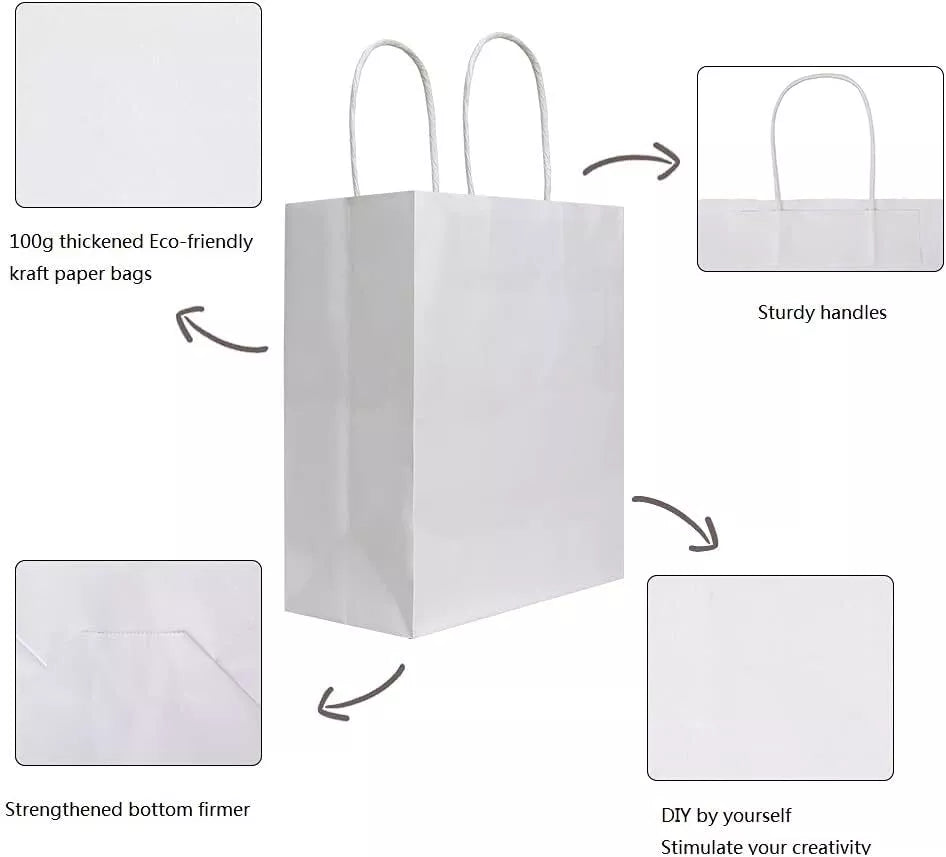 Paper Shopping Bags 250 White Kraft 8"x4.75x10.5" Retail Merchandise Handles