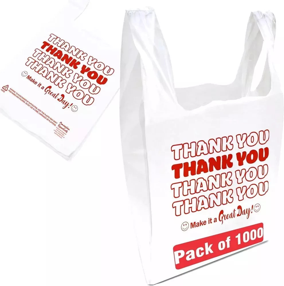 THANK YOU T-Shirt Bags 11.5" x 6.5" x 21" White Plastic Shopping bag 50 - 1000