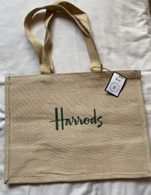 Load image into Gallery viewer, Harrods London Logo Tote Bag Jute Shopping Bag NWT | USA Seller | British Shopper UK