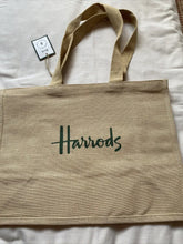 Load image into Gallery viewer, Harrods London Logo Tote Bag Jute Shopping Bag NWT | USA Seller | British Shopper UK